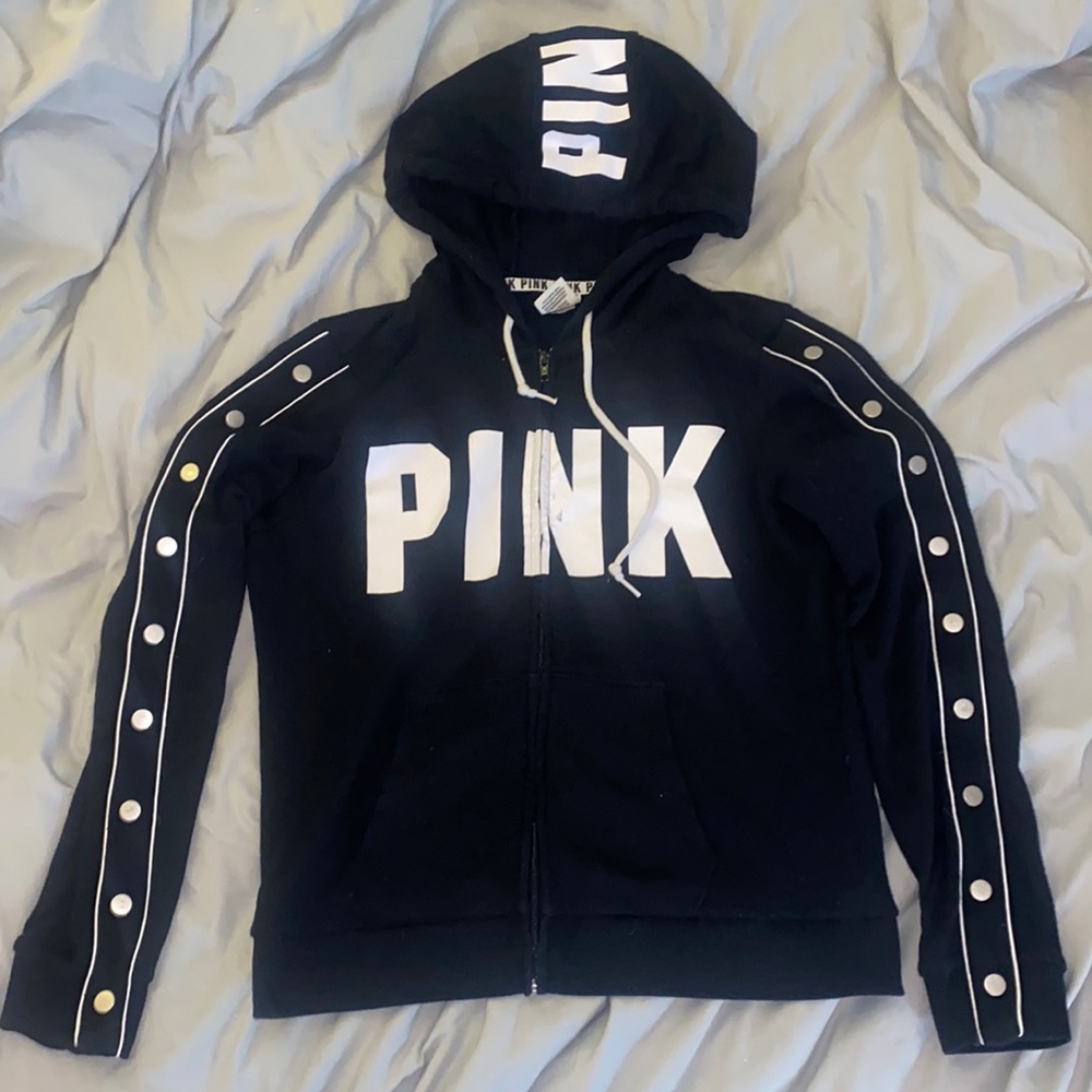 Black and white full zip logo hoodie from VS PINK
